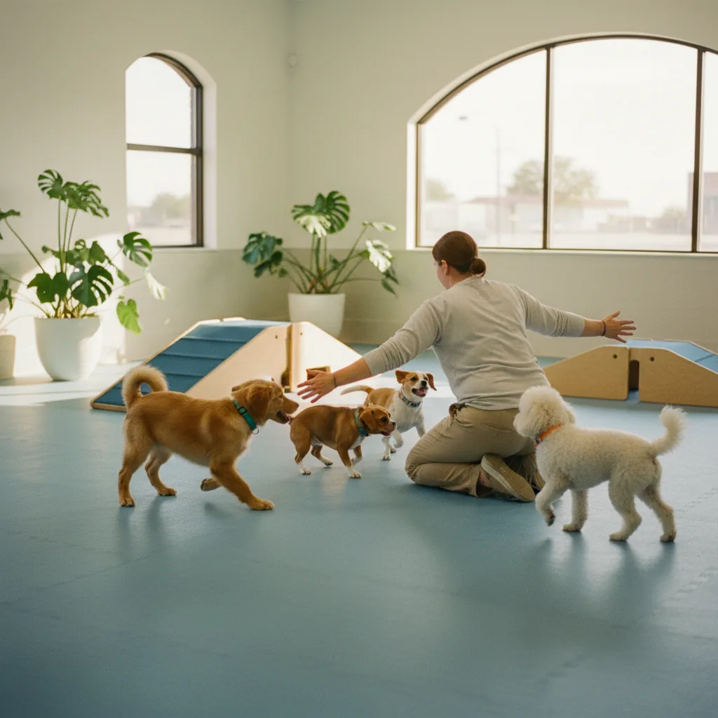 Dogs playing in a supervised cage-free indoor play yard at a Dallas dog daycare facility